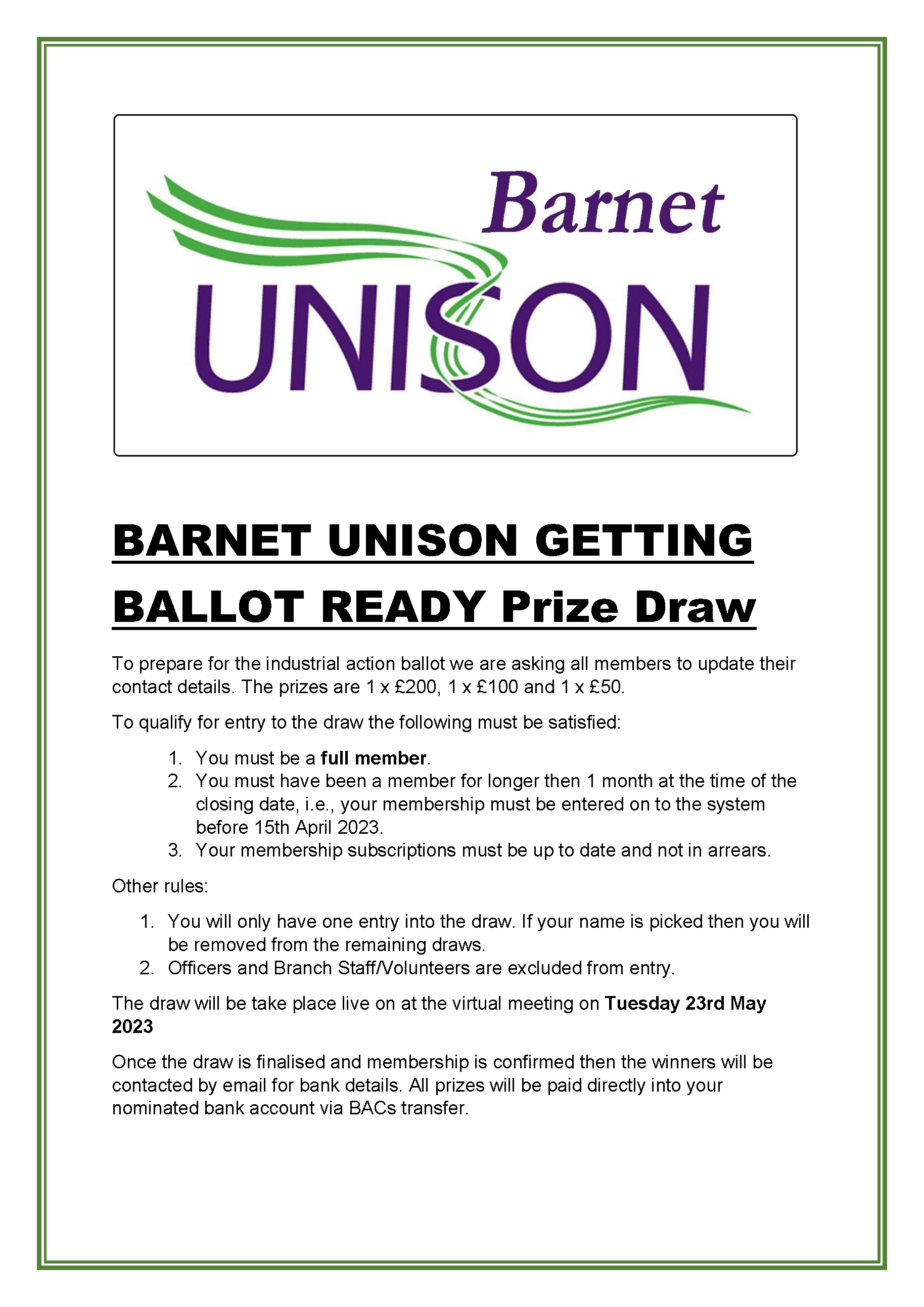 UNISON Getting Ballot Ready Prize Draw rules UNISON